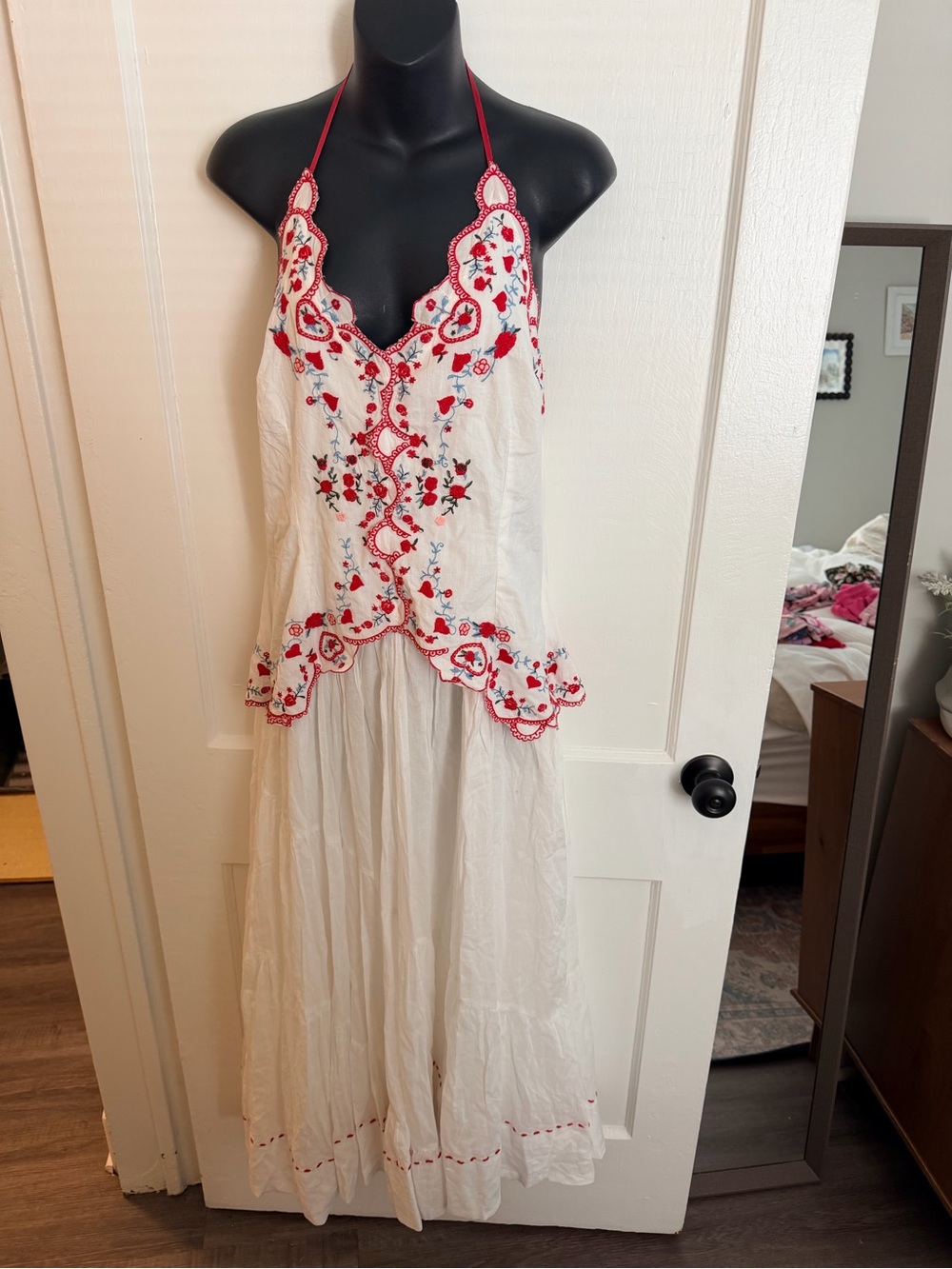 NWT retails 249, Free People White Midi Dress with Red Embroidered Bodice - Picture 5 of 14